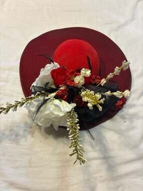 Vintage Sonni San Francisco Red Wool Wide Brim Hat with Floral and Feather Accen